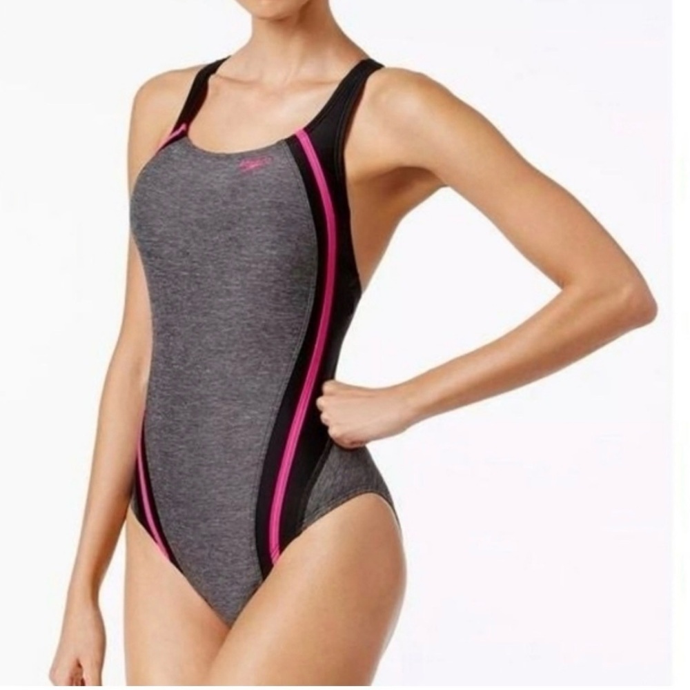 Speedo One-Piece Swimsuit Women's M Gray Pink Athletic HydroBra
